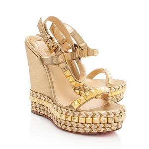 Christian Louboutin Metallic Leather Gold Cataclou 140 Mekong Studded Wedges 38